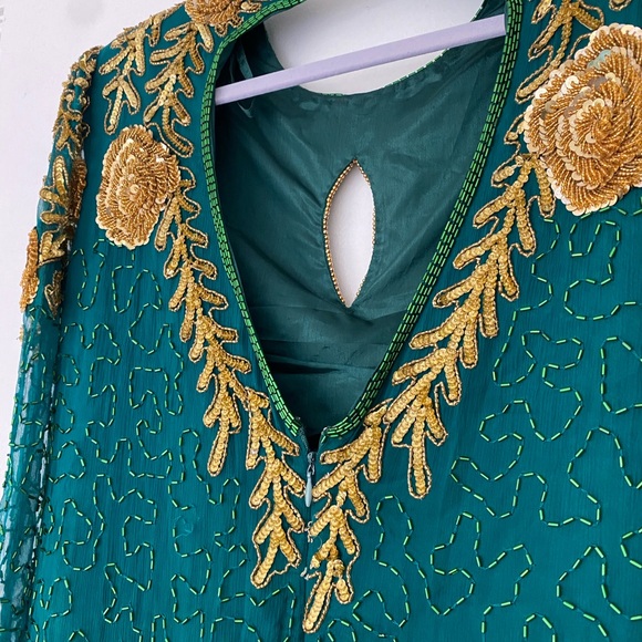 Gorgeous Vintage Elegant Green and Gold Embellished Sequin Dress - Picture 5 of 5